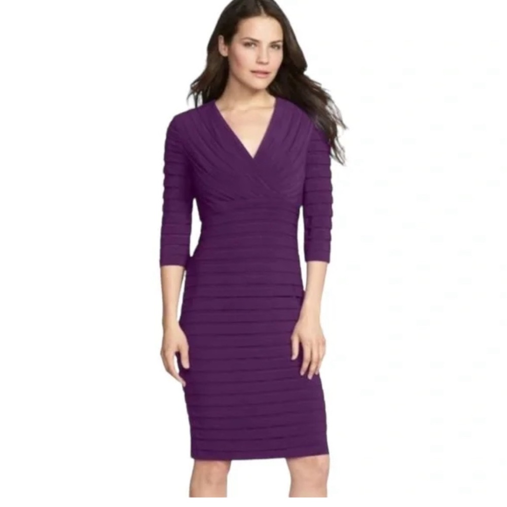 Adrianna Papell Bandage Sheath Bodycon Dress Eggplant Purple Size 16. 3/4 Sleeve